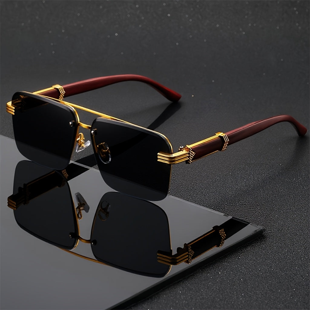 Men's semi-rimless business glasses - wood grain temple and lightweight metal frame Fashion Glasses, suitable for driving, travel self-driving, festivals and daily wear, fashion gift recommendation