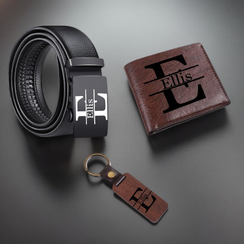 3pcs Custom Men’s Wallet, Belt & Keychain Gift Set – Personalized Name/Letter PU Leather Set for Father’s Day, Weddings, Birthdays & Graduation – Unique Gift for Son, Boyfriend, Friend & Classmate
