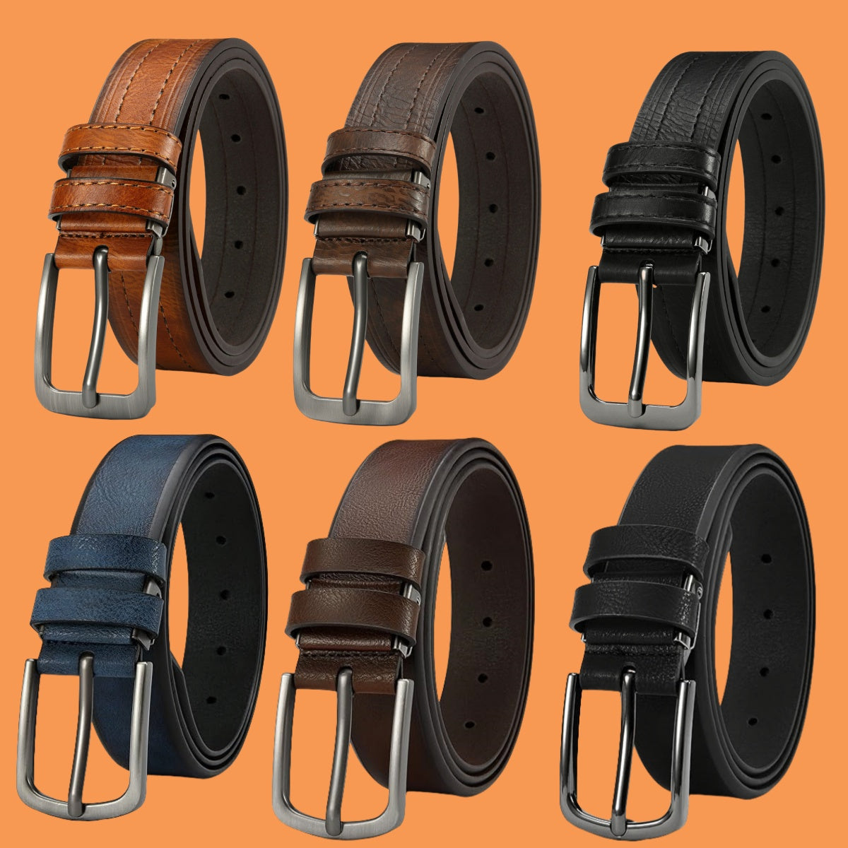 6pcs Men’s Vintage Distressed Leather Belt Set – Genuine Second Layer Cowhide Pin Buckle Belts in Brown & Black for Jeans, Suits & Casual Wear