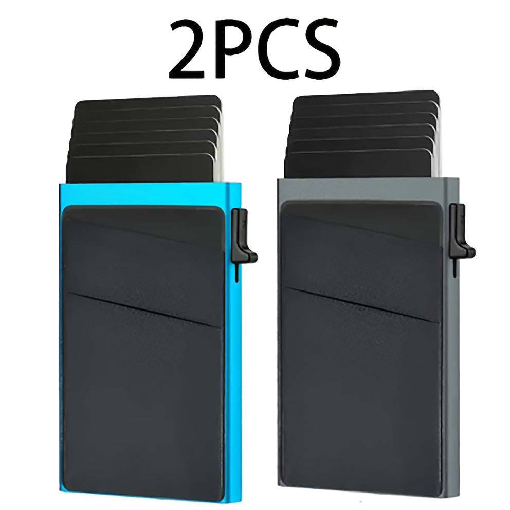 2pcs Ultra-Slim RFID Blocking Multifunctional Wallet, Credit Card Holder for Men - Automatic Pop-Up Card Holder with Money Pocket, Aluminum Alloy Minimalist Business Anti-Degaussing Credit Card Case for Notes, Coins, And Card