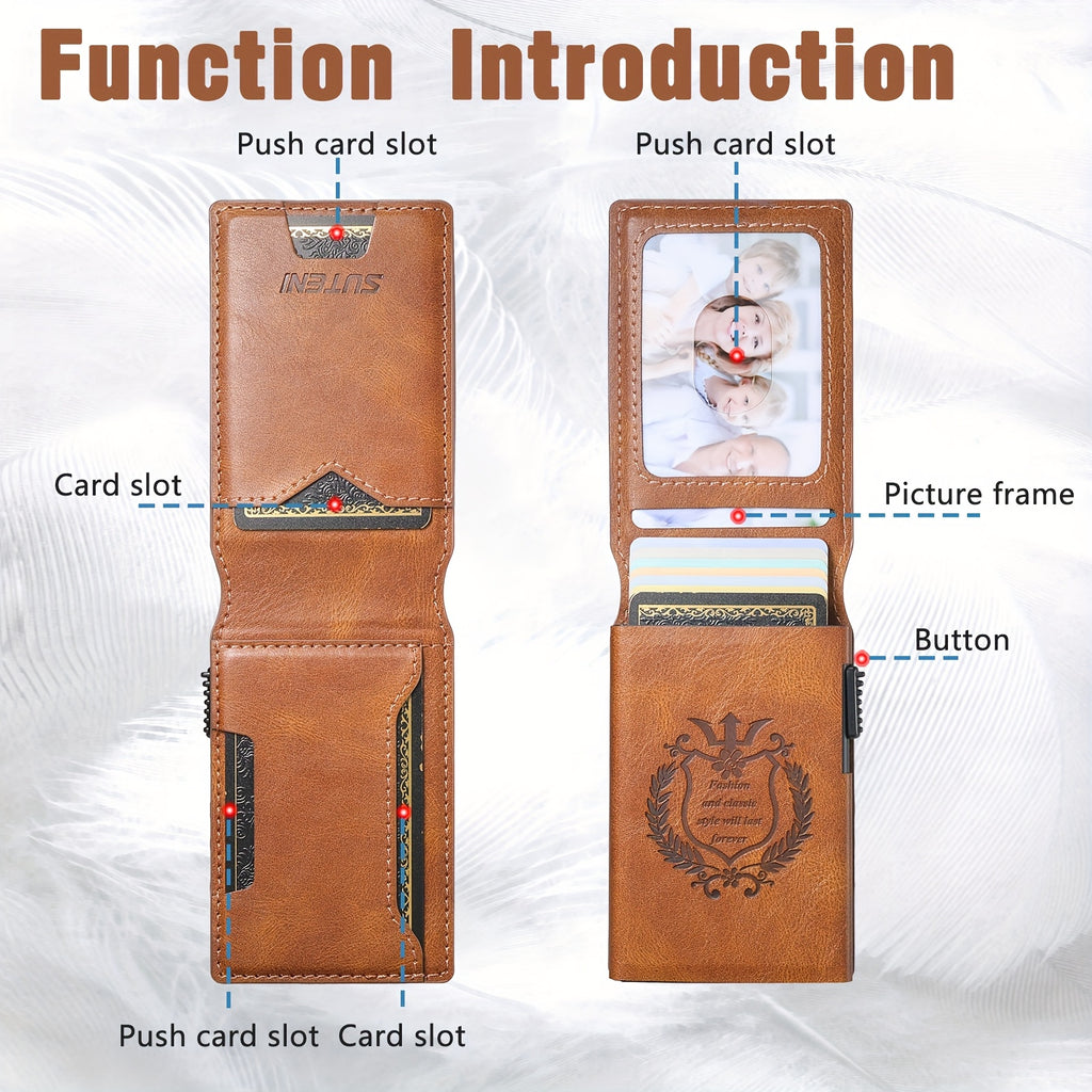 SUTENI Men’s Automatic Card Ejector Wallet – Light Brown Oil-Wax Faux Leather Business Wallet with Flip Cover, Photo Slot & Multiple Card Slots