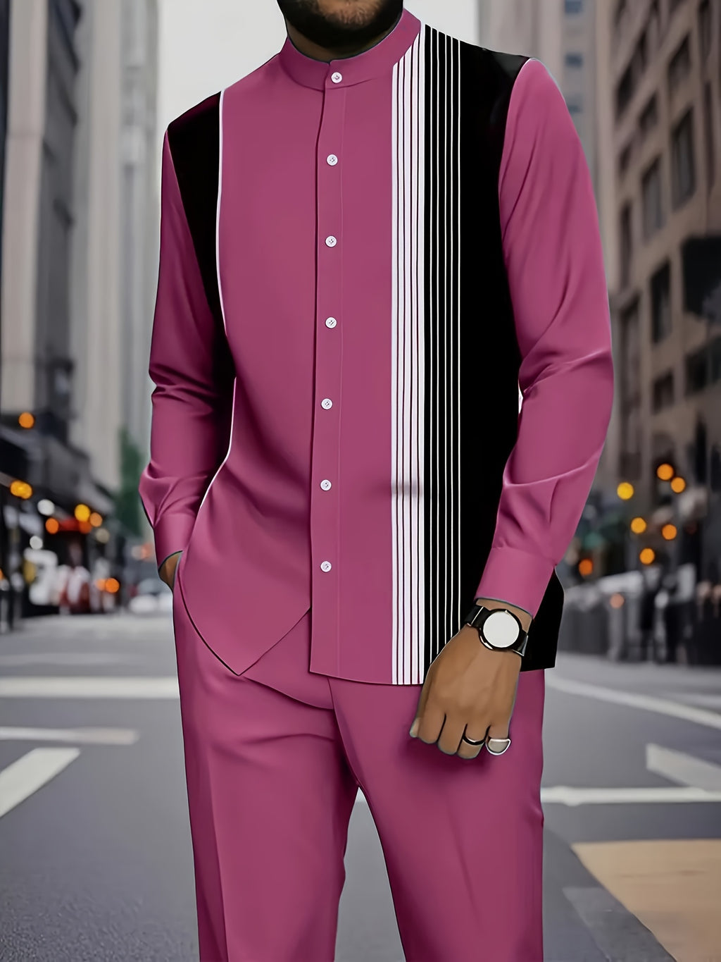 2025 Autumn Men’s Rose Red Striped Ethnic Casual Suit – Stand Collar Long-Sleeve Shirt & Trousers Set for Work & Daily Wear