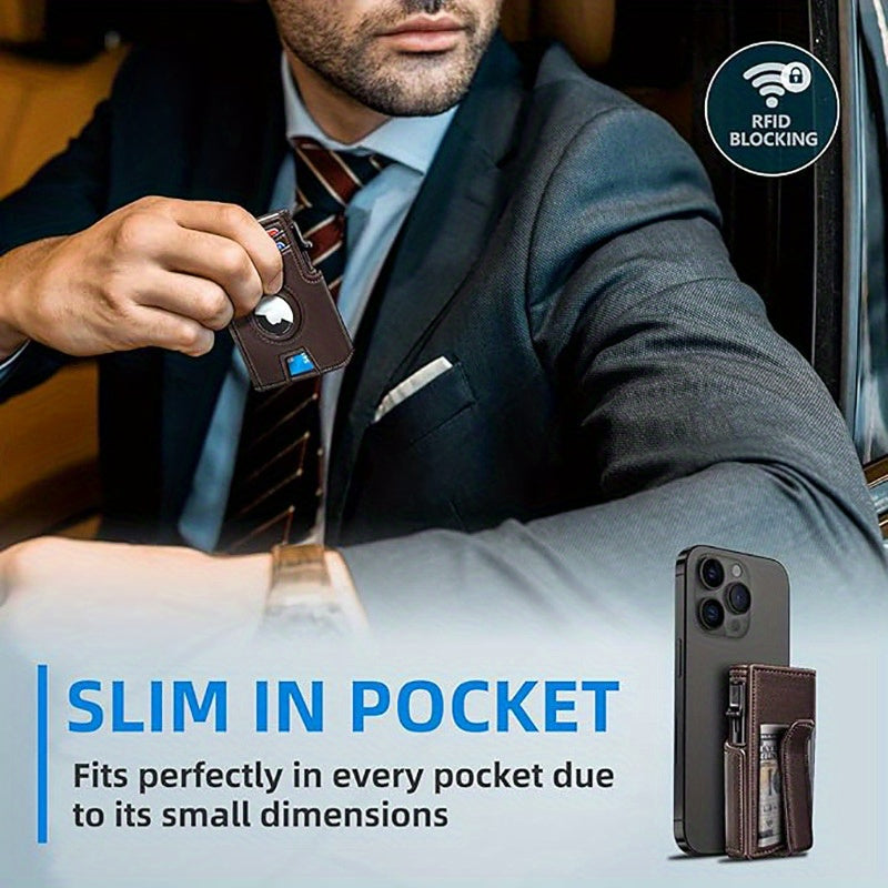 Retro Men’s RFID Blocking Card Case – Black Vintage Microfiber Leather Wallet with Pop-Up Multi-Slots, Magnetic Flip Cover, Coin Pocket & ID Window