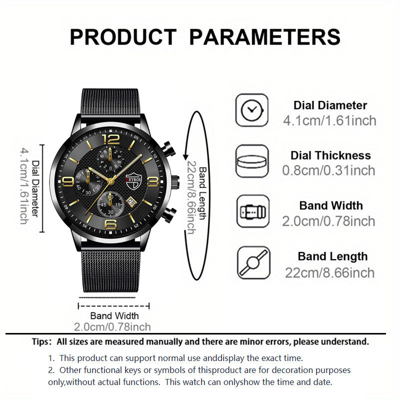 4pcs Men’s Quartz Watch & Bracelet Gift Set – Stainless Steel Analog Date Watch with Matching Bracelet & Necklace, Casual & Business Accessory Set for Father’s Day, Graduation & Teacher’s Day