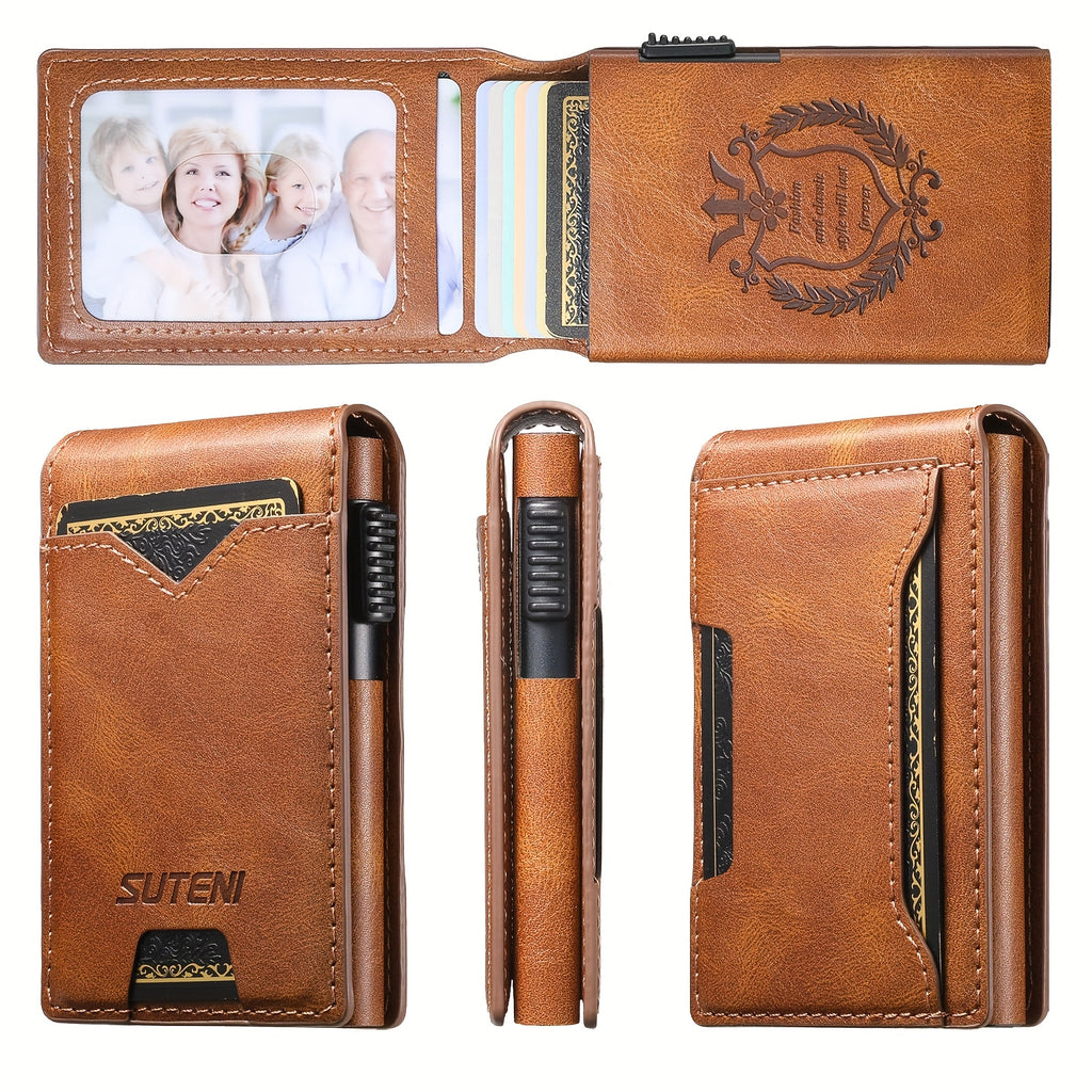 SUTENI Men’s Automatic Card Ejector Wallet – Light Brown Oil-Wax Faux Leather Business Wallet with Flip Cover, Photo Slot & Multiple Card Slots