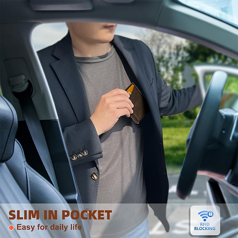 Men’s Burgundy RFID Blocking Metal Wallet – Ultra-Thin Pop-Up Aluminum-Style Cardholder with Cash Pocket & ID Slot for Everyday Carry, Business & Travel