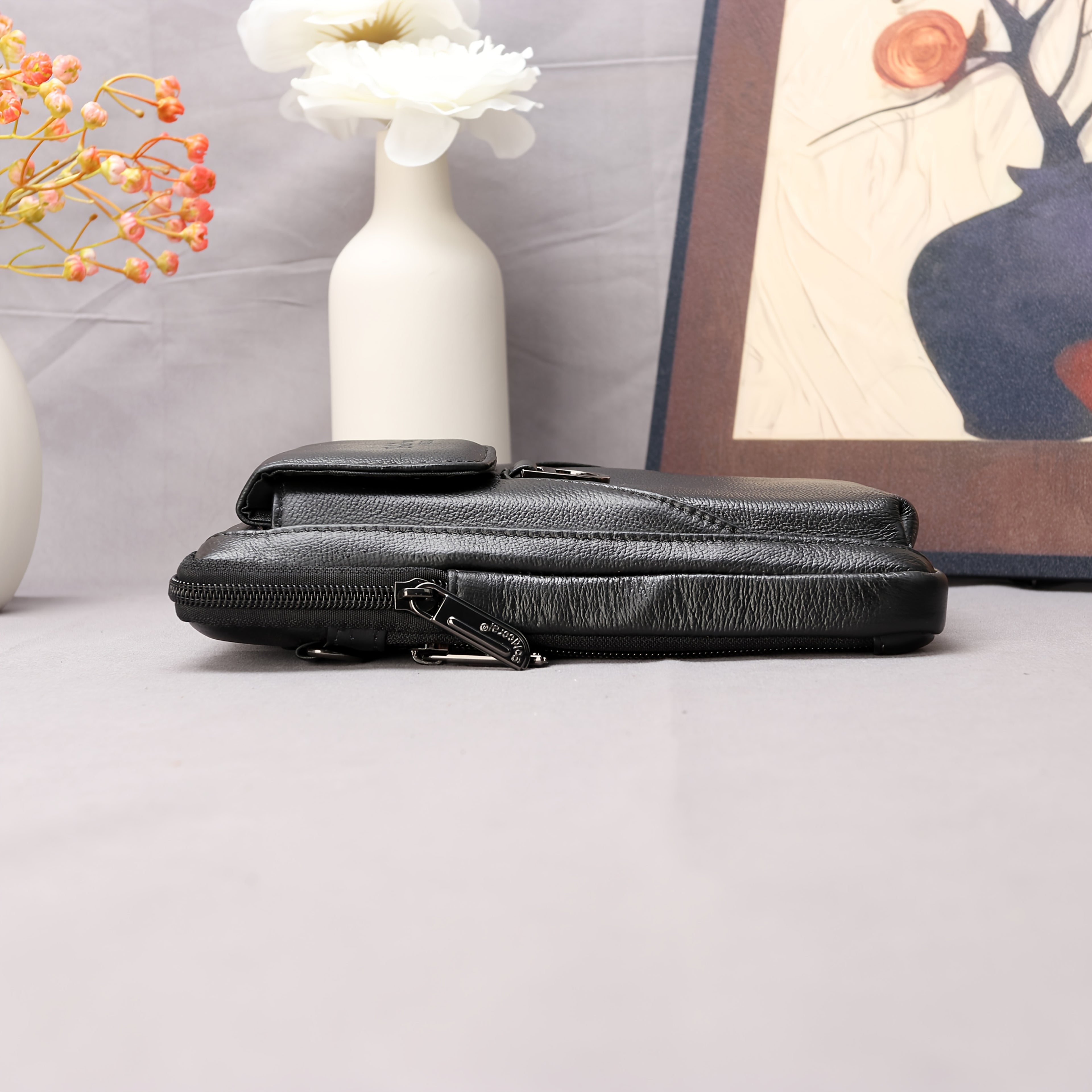 EAPN Men’s Genuine Leather Waist Bag & Wallet Combo – Black Top-Grain Crossbody Belt Bag with Multi-Pockets, Detachable Adjustable Strap & Zipper Closure for Daily Commute, Business & Casual