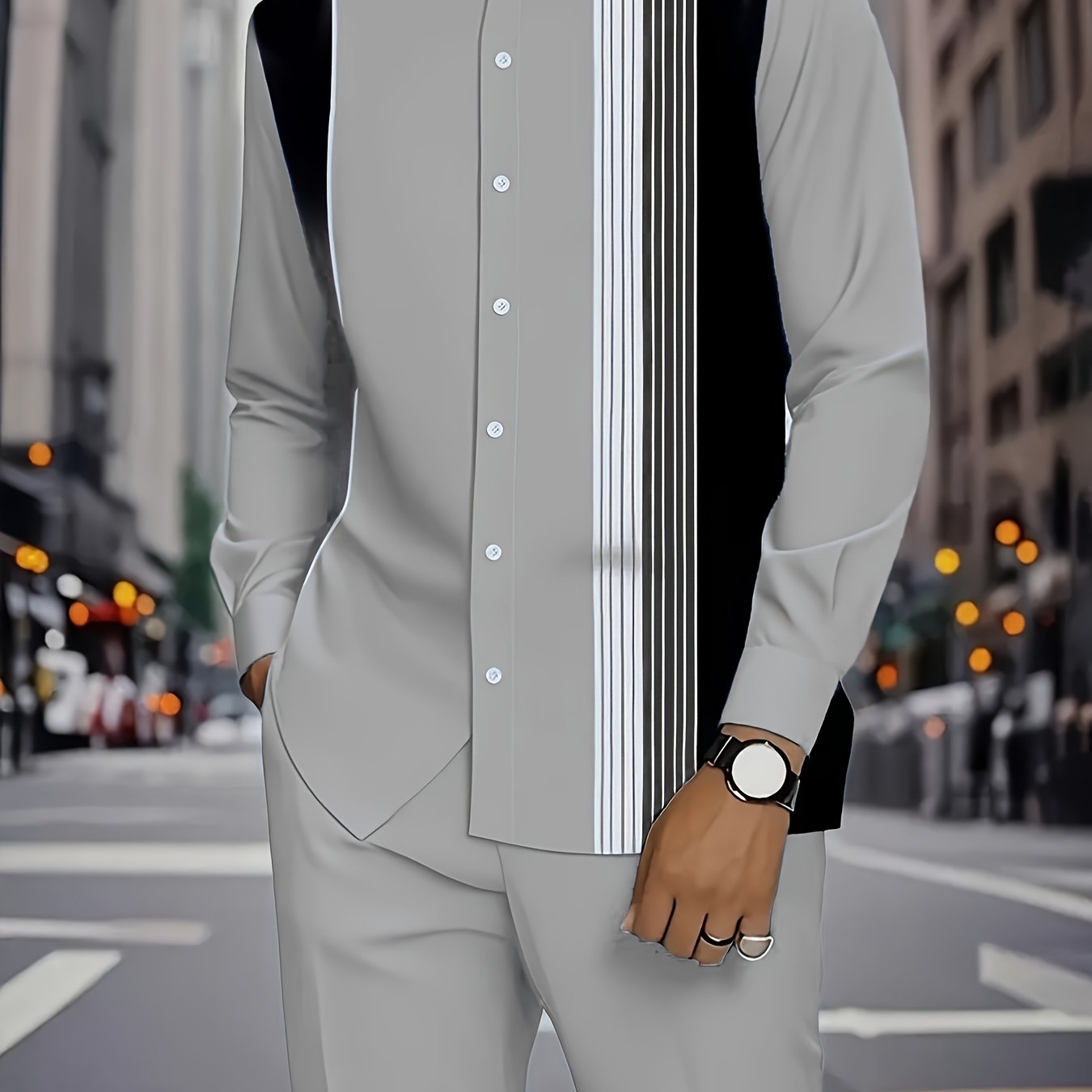 Men’s Light Gray Striped Casual Suit Set – Stand Collar Long-Sleeve Shirt & Trousers, Ethnic Style Spring/Autumn Outfit for Daily Wear & Commuting