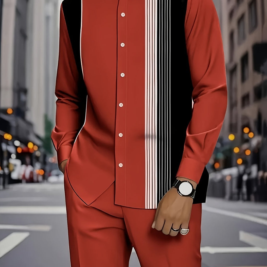 Men’s African-Inspired Red Striped Suit Set – Stand Collar Long Sleeve Shirt & Pants, Breathable Stretch Knit, Wrinkle-Resistant Spring/Fall Outfit