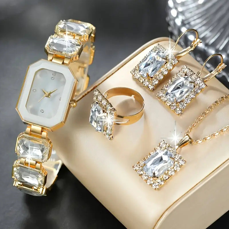 DITURUBY 5pcs Luxury Bohemian Women’s Jewelry & Watch Set – 14K Gold Plated Boho Necklace, Earrings, Ring & Dress Watch for Daily Wear & Party Outfits