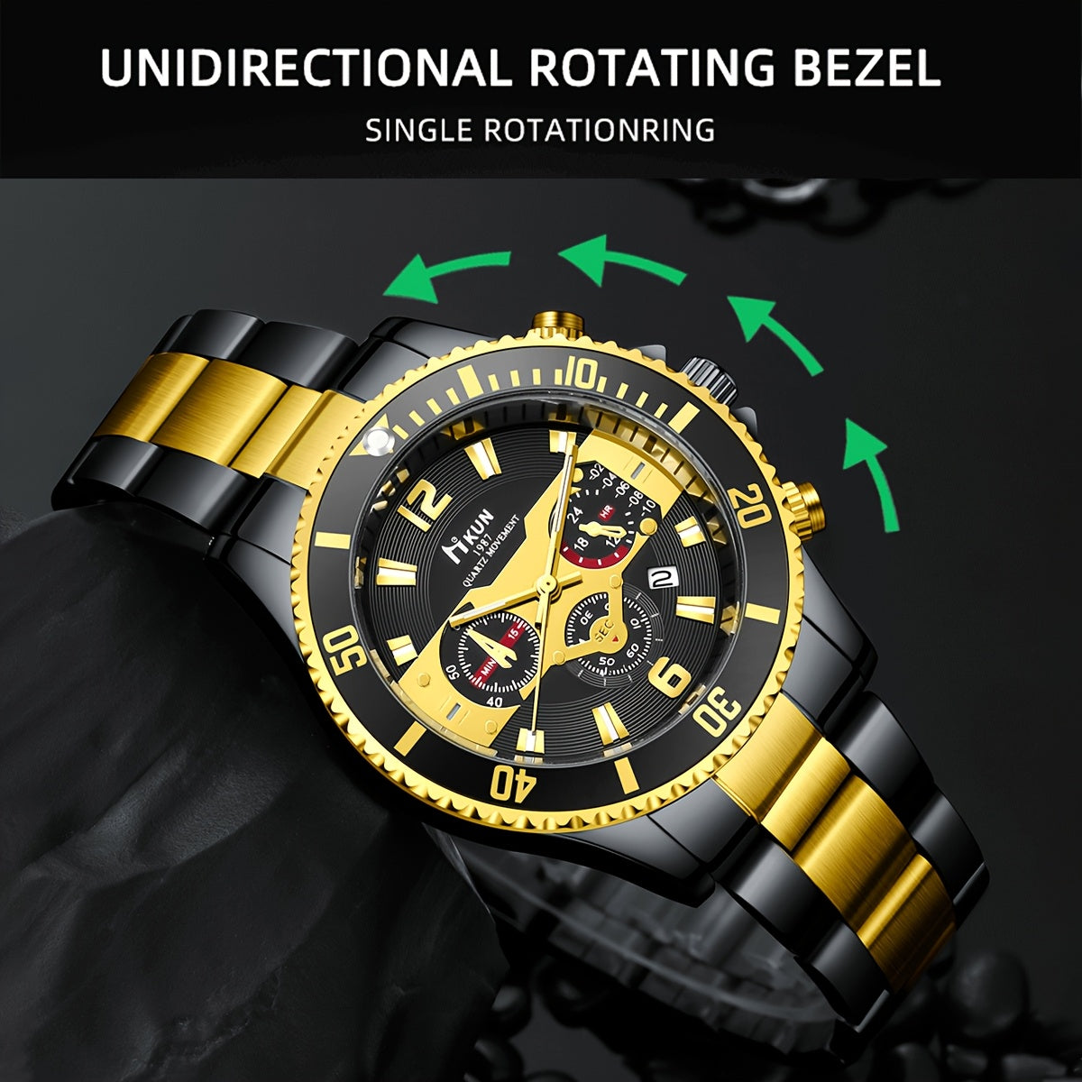 Men’s 5pcs Luxury Black Gift Set – Two-Tone Chronograph Watch, Wallet, Woven Nylon Automatic Belt, Pilot Glasses & Keychain in Elegant Box – Fashion Accessory Kit for Birthday, Halloween, Thanksgiving & Christmas