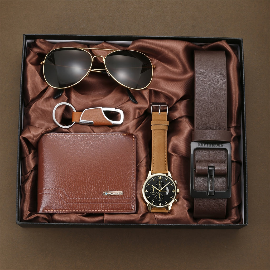 5-Piece Men’s Luxury Business Gift Set – Golden-Tone Quartz Watch, Aviator Glasses, Brown Wallet, Belt & Keychain – Fashion Accessories for Parties & Holidays