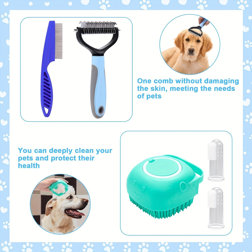 8pcs All-in-One Pet Grooming Kit – Heavy-Duty Nylon Brushes, Undercoat Rake, Nail Clippers & File for Dogs & Cats, Professional Home Deshedding Set for Large, Medium & Small Pets