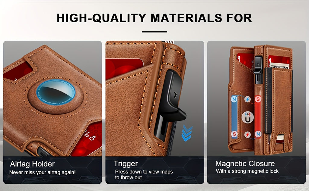 Men’s RFID Blocking Smart Bifold Wallet – Coffee Brown Microfiber Leather, Aluminum Card Holder, Elastic Cash Slot & Magnetic Closure