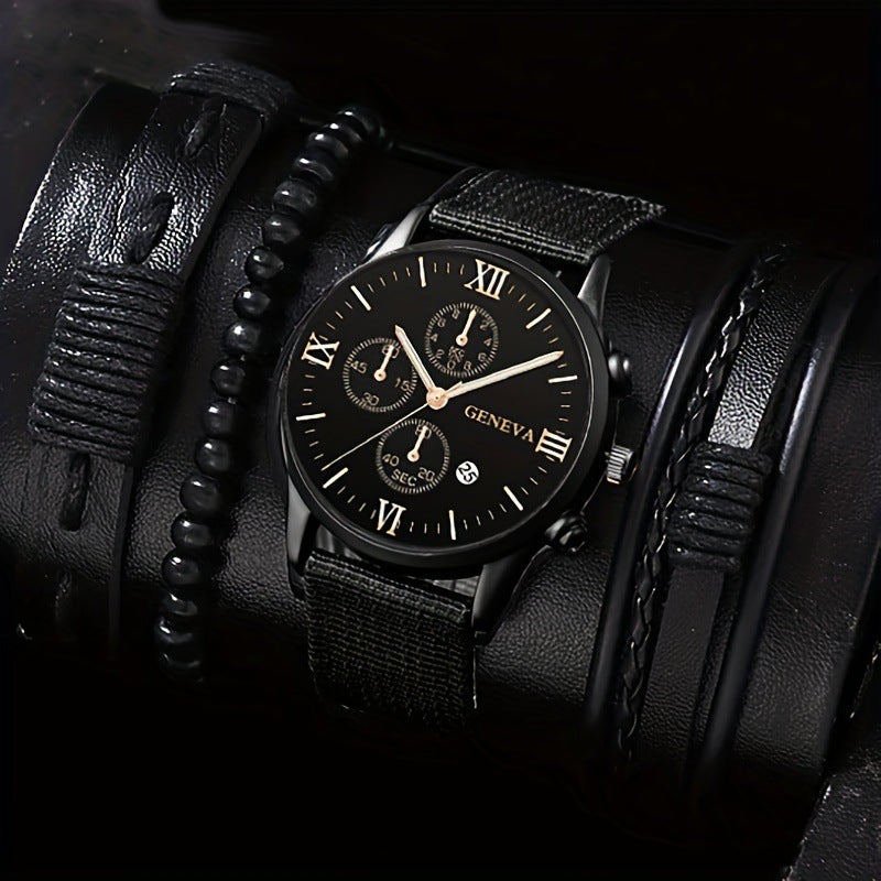 4pcs Men’s Watch & Bracelet Gift Set – DITURUBY Calendar Sports Watch with Matching Alloy Bracelets, Trendy Casual Accessories