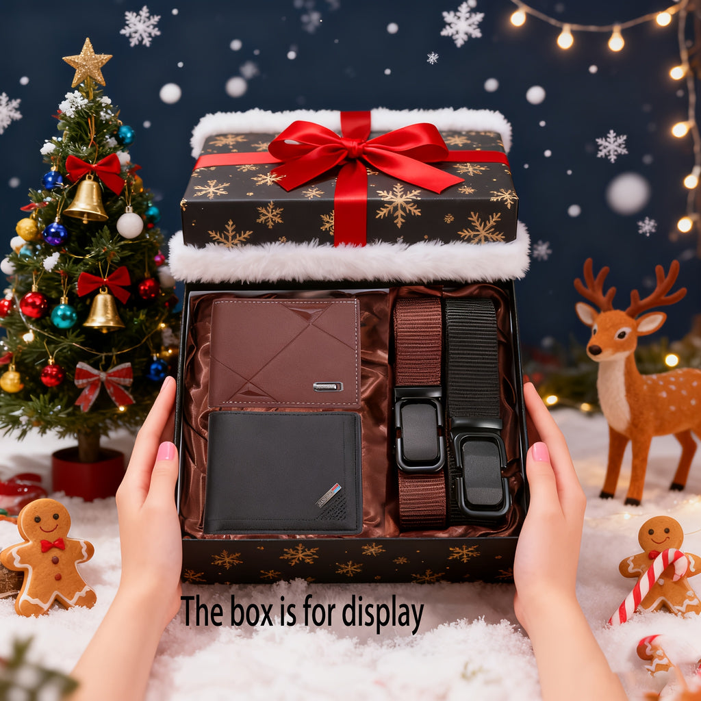 4pcs Men’s Black & Brown Faux Leather Wallet and Belt Gift Set – Color-Block Geometric Design – PU Leather Accessory Set for Christmas, Valentine’s Day & Anniversary