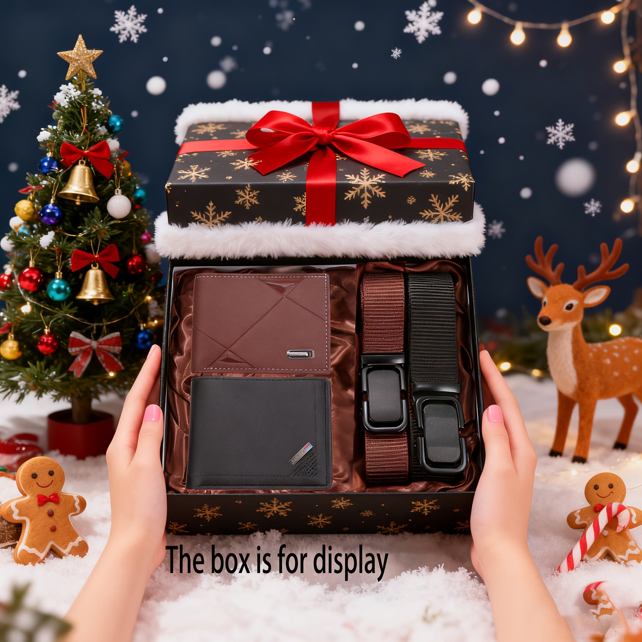 4pcs Men’s Black & Brown Faux Leather Wallet and Belt Gift Set – Color-Block Geometric Design – PU Leather Accessory Set for Christmas, Valentine’s Day & Anniversary