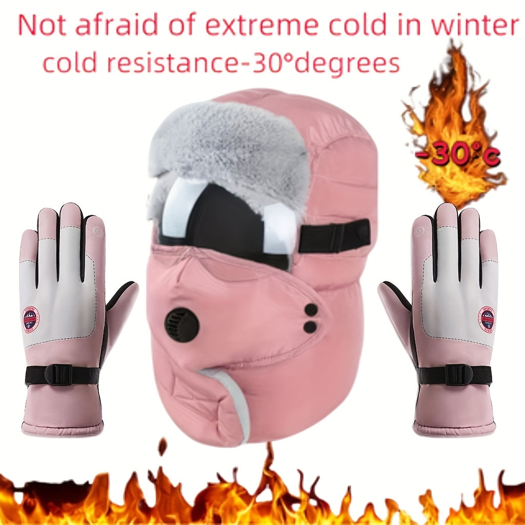 2pcs Set Winter Cycling Hat & Gloves – Fleece-Lined Earflap Face Mask Hat with Neck Warmer & Thickened Unisex Ski Gloves, Outdoor Sports Cold Weather Set
