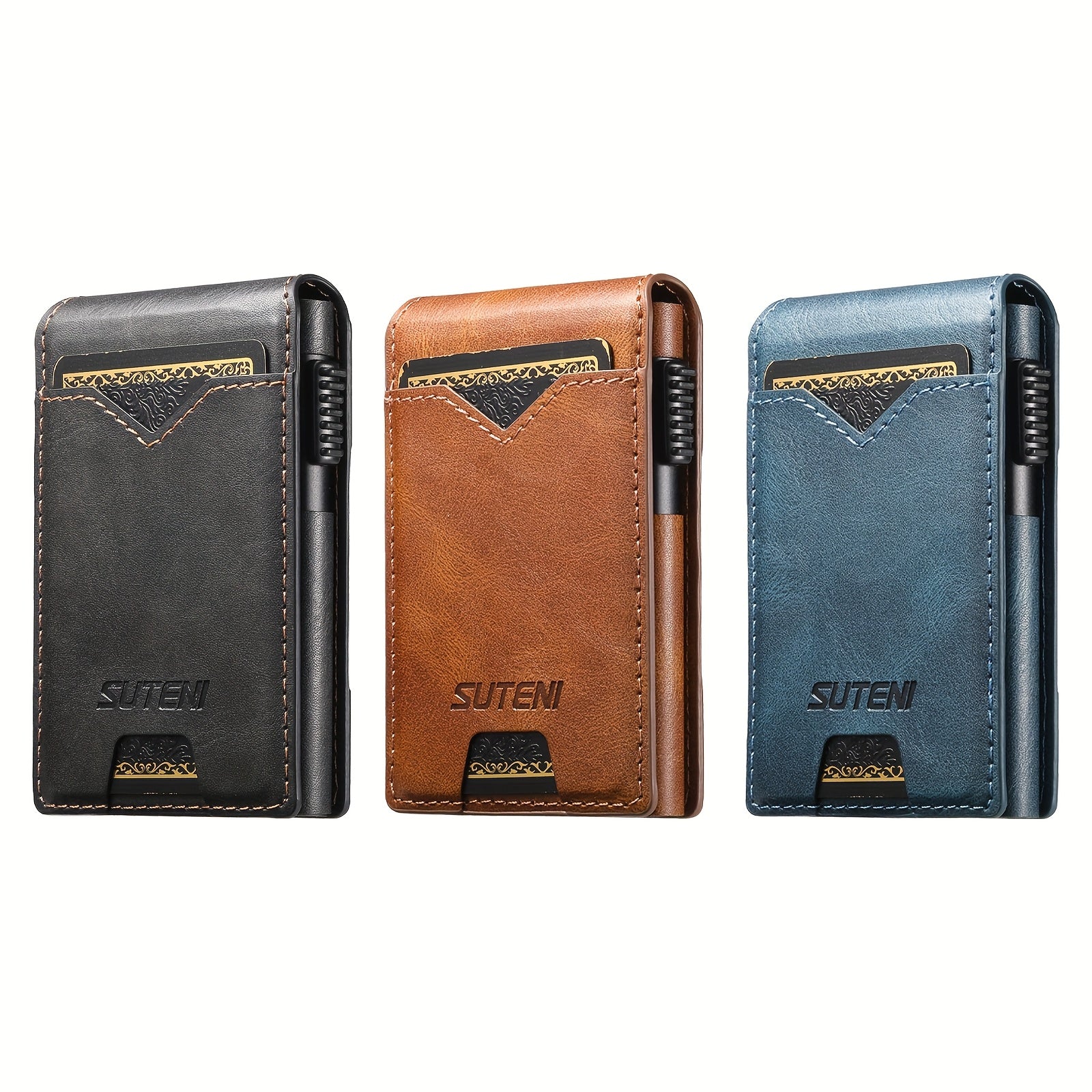 SUTENI Men’s Automatic Card Ejector Wallet – Light Brown Oil-Wax Faux Leather Business Wallet with Flip Cover, Photo Slot & Multiple Card Slots