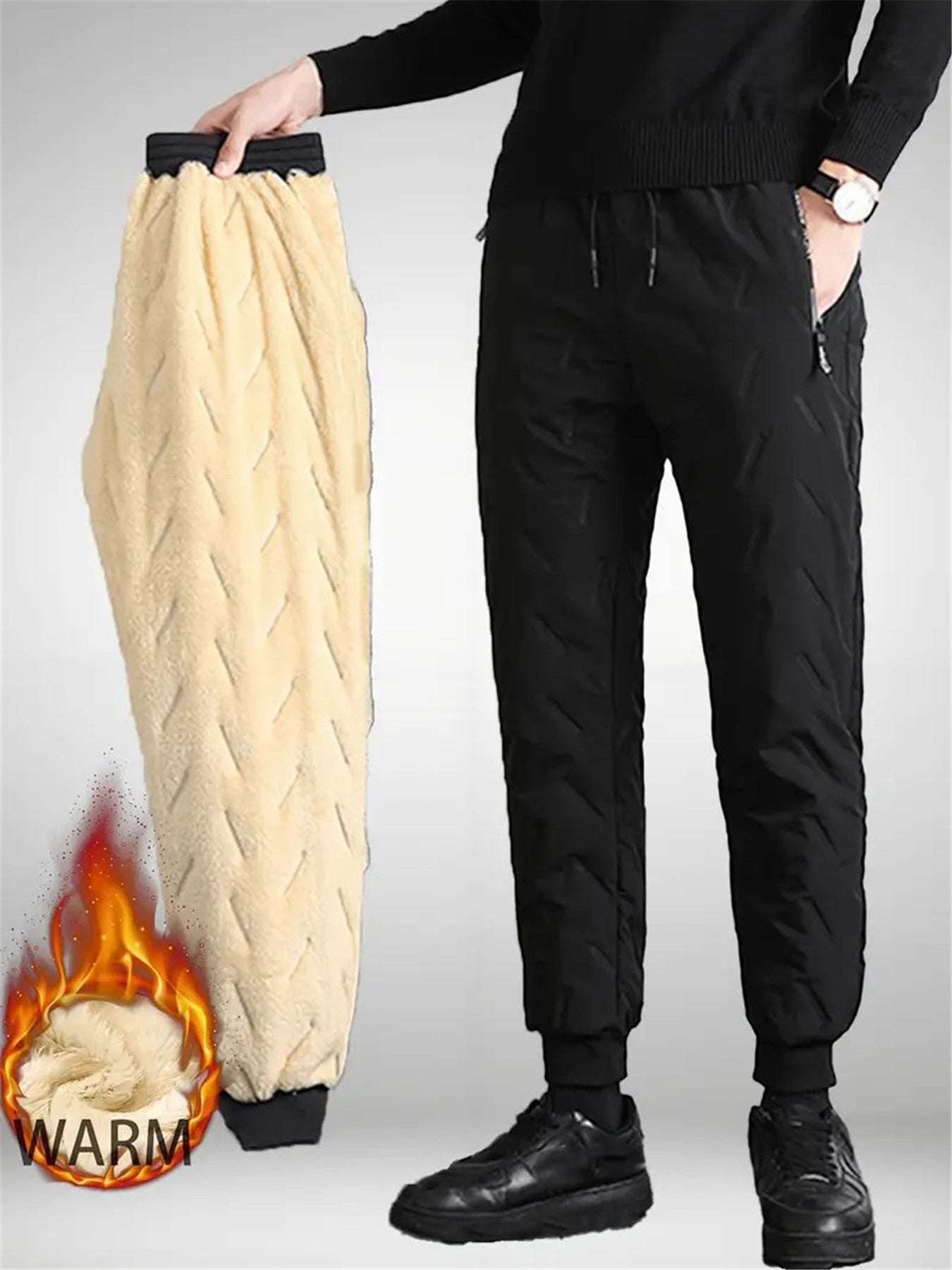 3pcs Men's Winter Pants with Jacket-Like Thigh Pouches - Windproof & Cold-Resistant Ankle-High Trousers for Skiing, Snowboarding, Sports (Black/Dark Grey/Brown) - Machine Washable Thickened, Winter Pants For Men, Mens Pants,