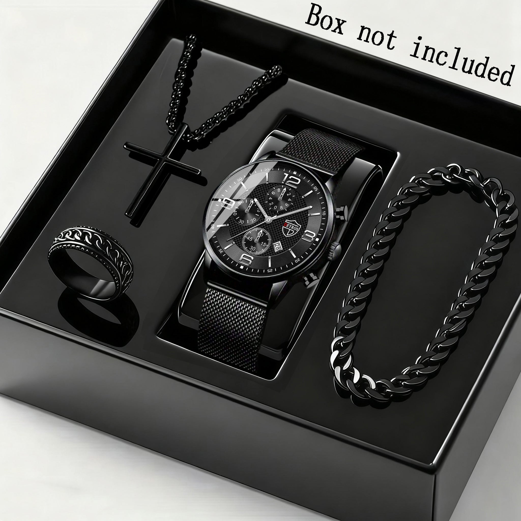 4pcs Men’s Quartz Watch & Bracelet Gift Set – Stainless Steel Analog Date Watch with Matching Bracelet & Necklace, Casual & Business Accessory Set for Father’s Day, Graduation & Teacher’s Day