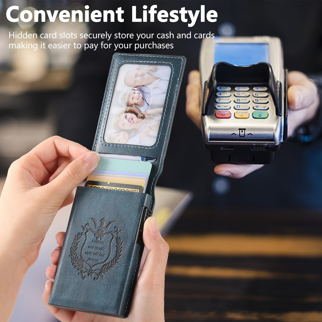 SUTENI Men’s Automatic Card Ejector Wallet – Light Brown Oil-Wax Faux Leather Business Wallet with Flip Cover, Photo Slot & Multiple Card Slots