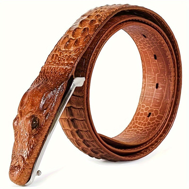 Men’s Crocodile Pattern Embossed Leather Belt – Black Two-Layer Cowhide Belt with Animal Buckle, Casual Fashion Waist Belt for Jeans & Dress Pants