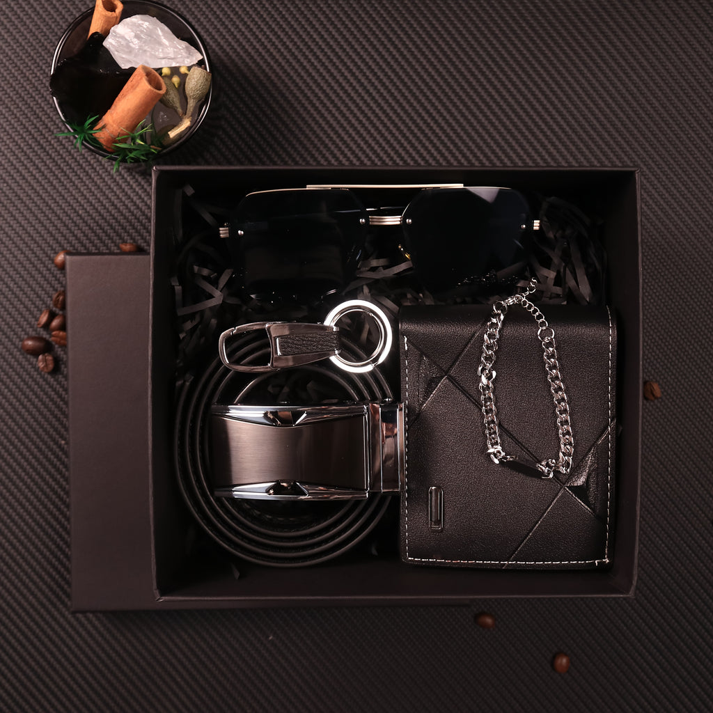 Men’s 6-in-1 PU Leather Gift Set – Belt, Wallet, Keychain, Bracelet, Glasses & Gift Box for Boyfriend, Husband, Dad – Birthday, Valentine’s Day & Father’s Day