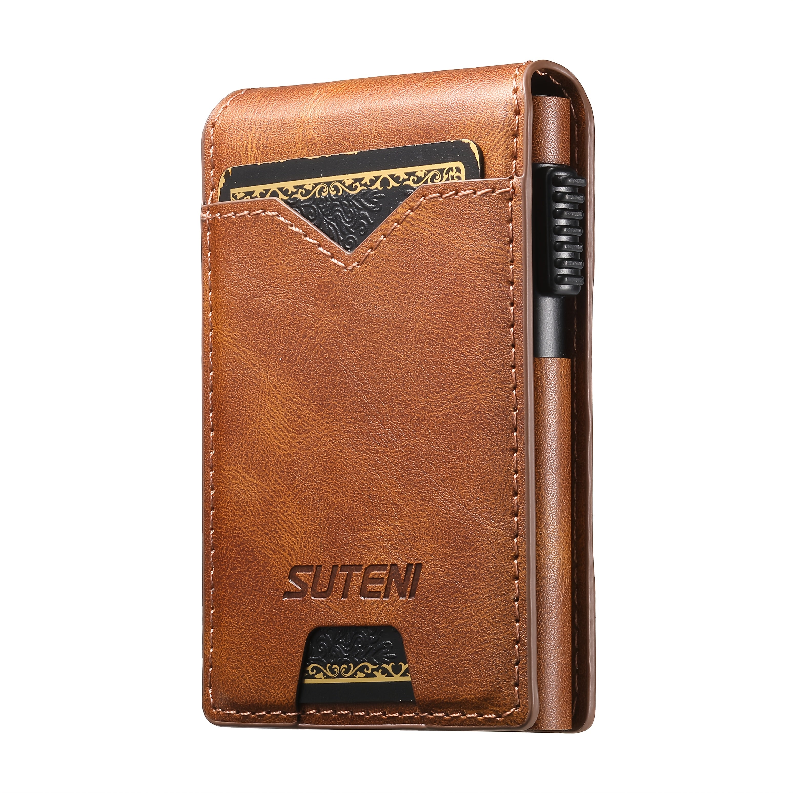 SUTENI Men’s Automatic Card Ejector Wallet – Light Brown Oil-Wax Faux Leather Business Wallet with Flip Cover, Photo Slot & Multiple Card Slots