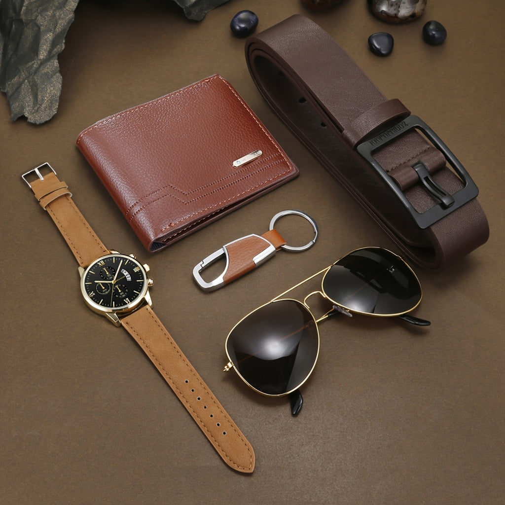 5-Piece Men’s Luxury Business Gift Set – Golden-Tone Quartz Watch, Aviator Glasses, Brown Wallet, Belt & Keychain – Fashion Accessories for Parties & Holidays