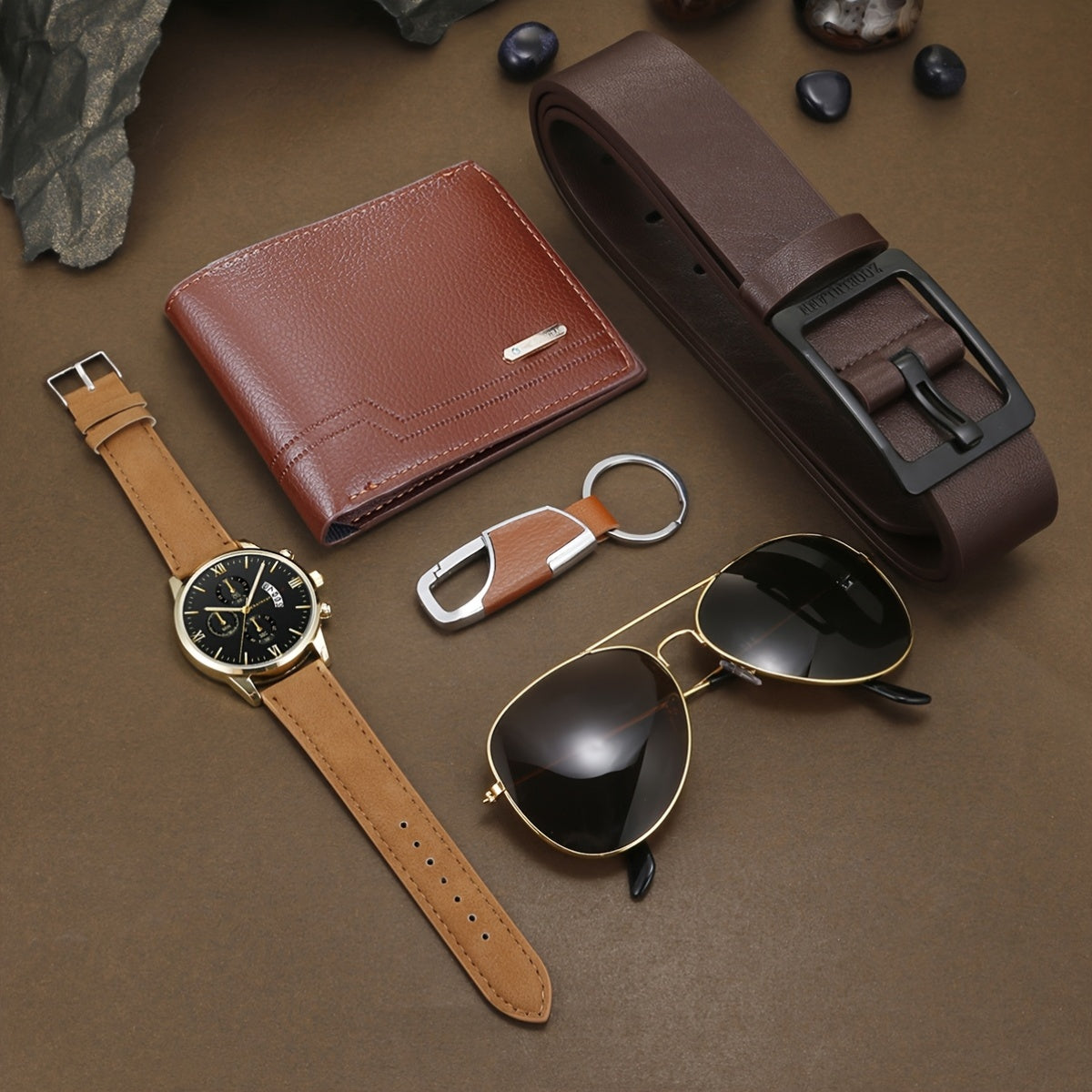 5-Piece Men’s Luxury Business Gift Set – Golden-Tone Quartz Watch, Aviator Glasses, Brown Wallet, Belt & Keychain – Fashion Accessories for Parties & Holidays