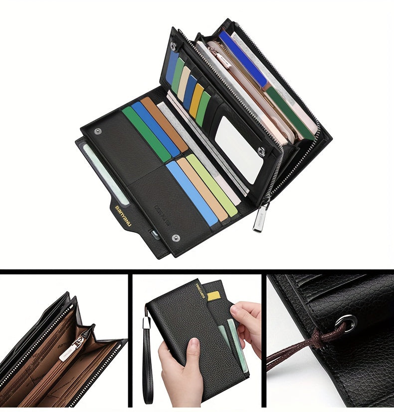 BANYANU Top Grain Leather Zipper Wallet – Large Capacity Multi-Card Holder with Lanyard, Faux Leather Lining & ID Window for Men and Women