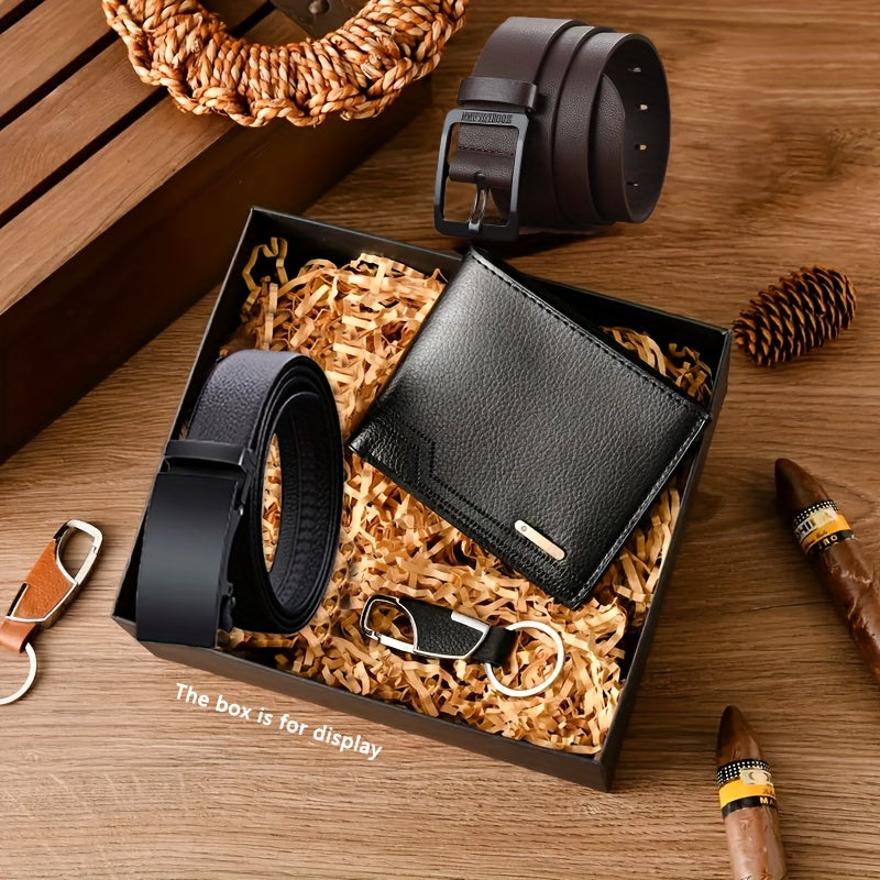 3pcs Men’s Casual Wallet, Belt & Keychain Gift Set – Versatile Faux Leather Accessories for Dad & Boyfriend – Back-to-School, Birthday, Halloween & Christmas Present