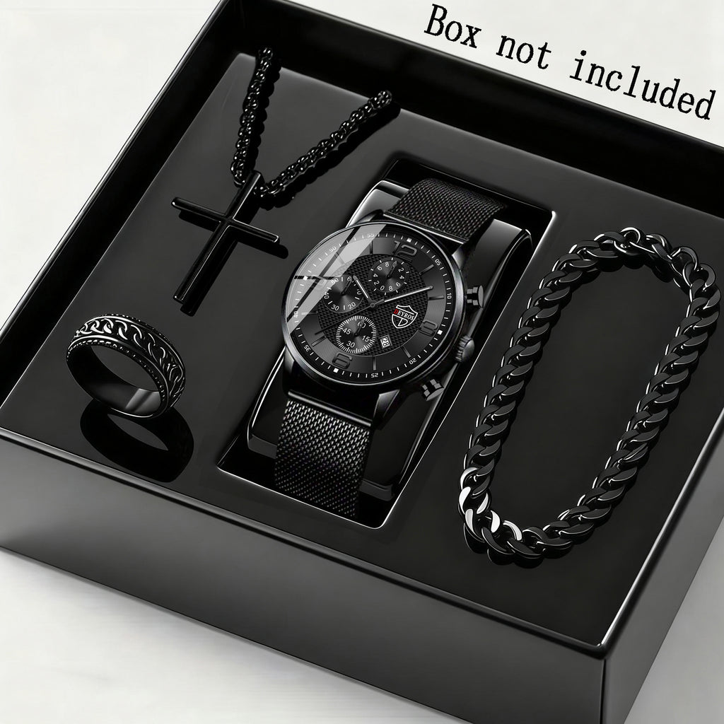 4pcs Men’s Quartz Watch & Bracelet Gift Set – Stainless Steel Analog Date Watch with Matching Bracelet & Necklace, Casual & Business Accessory Set for Father’s Day, Graduation & Teacher’s Day