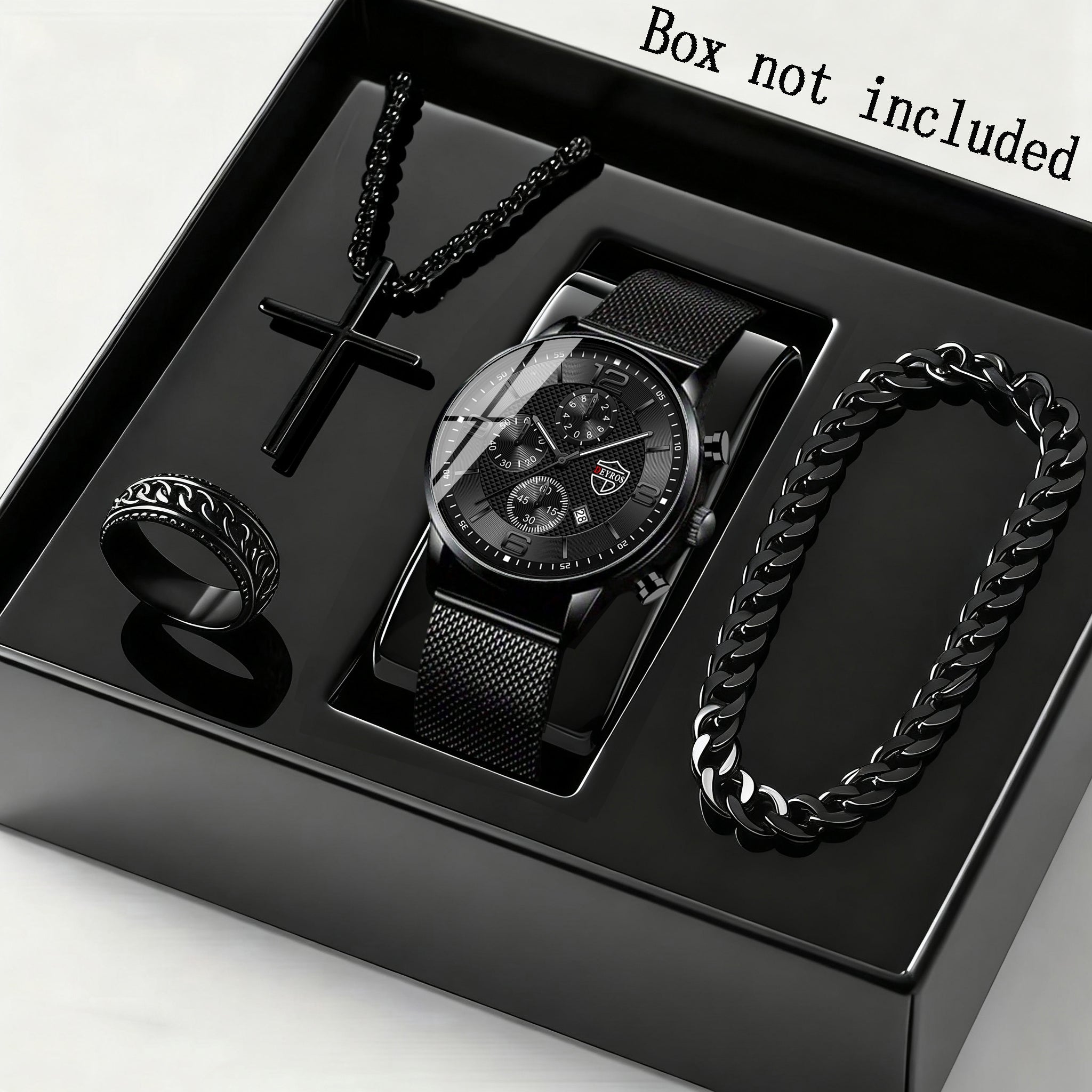 4pcs Men’s Quartz Watch & Bracelet Gift Set – Stainless Steel Analog Date Watch with Matching Bracelet & Necklace, Casual & Business Accessory Set for Father’s Day, Graduation & Teacher’s Day