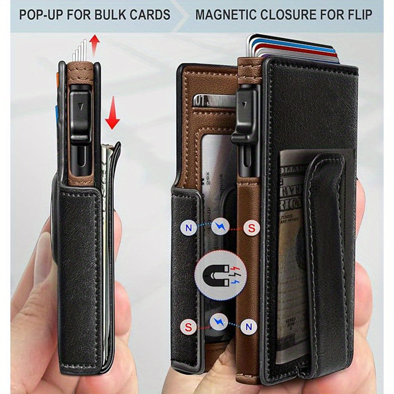 Retro Men’s RFID Blocking Card Case – Black Vintage Microfiber Leather Wallet with Pop-Up Multi-Slots, Magnetic Flip Cover, Coin Pocket & ID Window