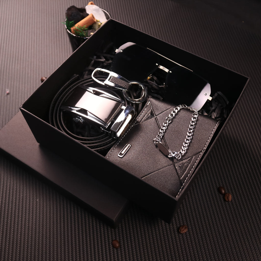 Men’s 6-in-1 PU Leather Gift Set – Belt, Wallet, Keychain, Bracelet, Glasses & Gift Box for Boyfriend, Husband, Dad – Birthday, Valentine’s Day & Father’s Day