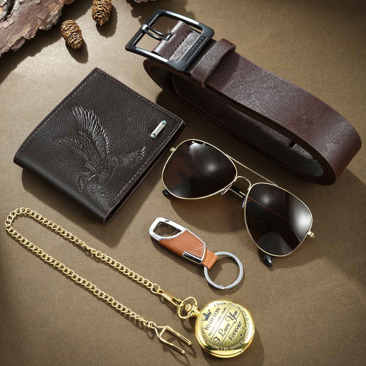 5pcs Men’s Vintage Gentleman Gift Set – Golden Pocket Watch, Eagle-Embossed Wallet, PU Leather Dress Belt, Pilot Glasses & Keychain in Elegant Box – Business Accessories Birthday, Christmas & Wedding Gift