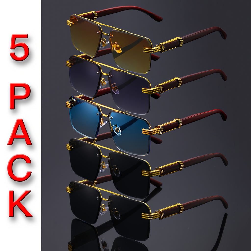 5 Pairs Retro Double-Bridge Fashion Glasses – Rimless Hollow Frame Polycarbonate Eyewear with Wood Grain Arms for Men & Women, Lightweight Decorative Party Eyeglasses