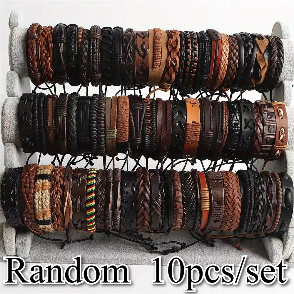 10pcs Mixed-Color Hand-Woven Bracelet Set – Retro Ethnic Vintage Style Unisex Artificial Leather Bracelets for Casual Wear & Halloween Gifts
