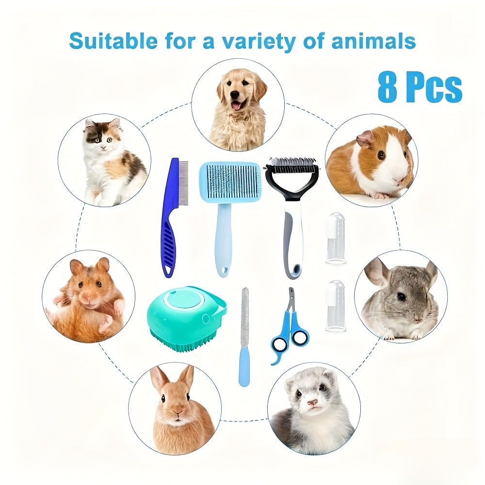 8pcs All-in-One Pet Grooming Kit – Heavy-Duty Nylon Brushes, Undercoat Rake, Nail Clippers & File for Dogs & Cats, Professional Home Deshedding Set for Large, Medium & Small Pets