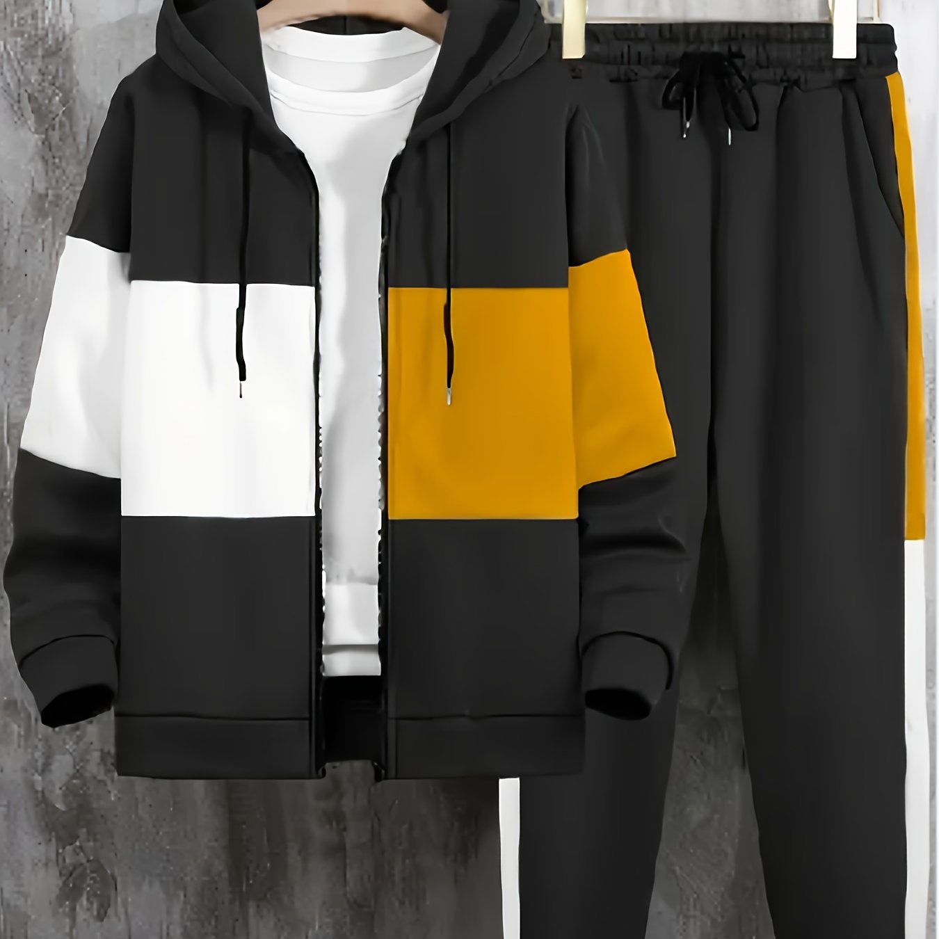 Men's clothing, two-piece set of contrasting color long-sleeved zippered hooded jacket and drawstring pants, suitable for outdoor activities