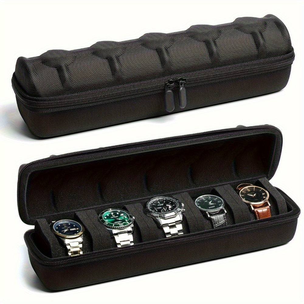 5-Slot Travel Watch Case Organizer – Hard Shell Black Nylon Watch Storage Box with Shock-Absorbing Orange Cushions for Small to Large Watches
