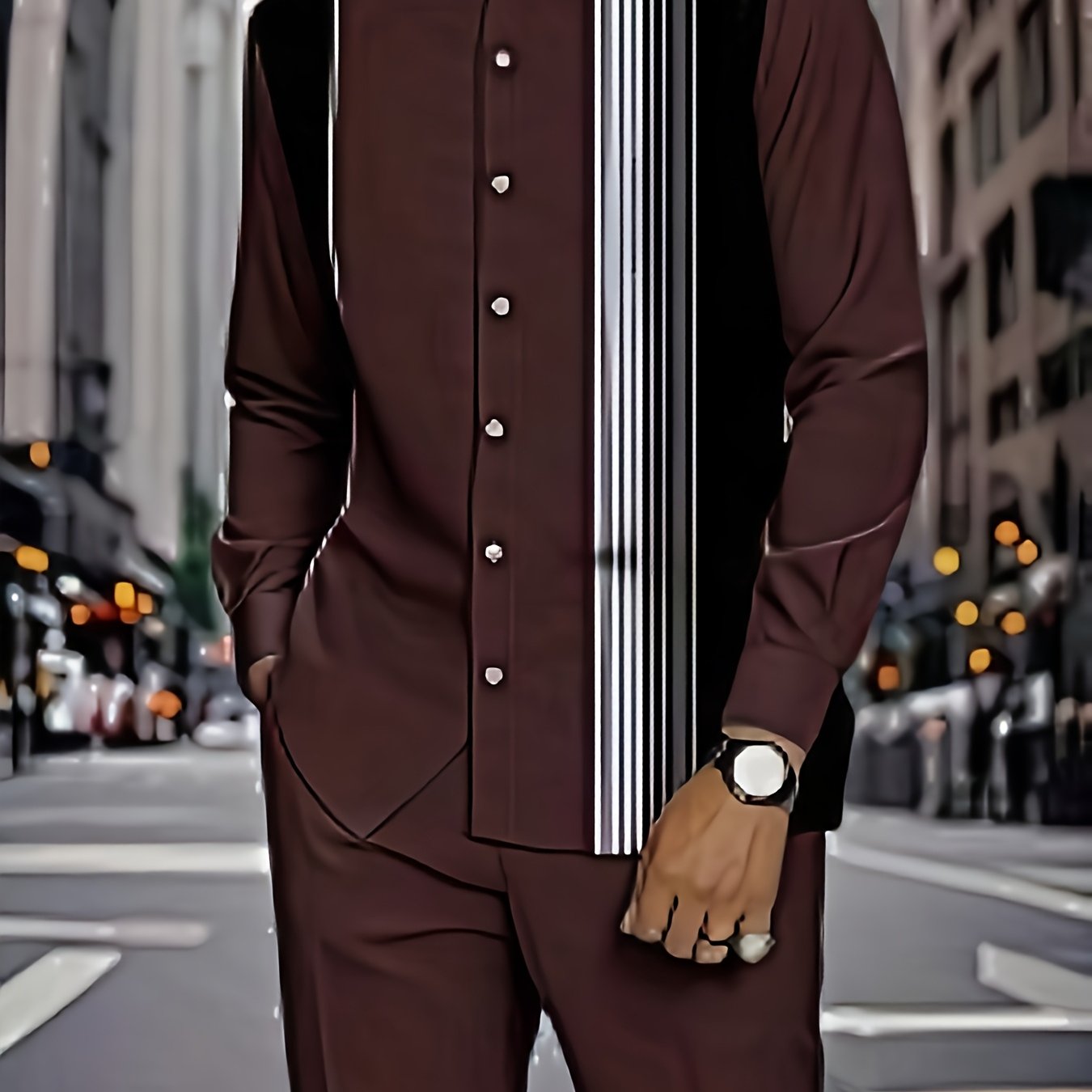 Men’s Retro Vertical Stripe Suit Set – Black & White Stand Collar Shirt & Straight-Leg Pants, Slim-Fit Business Casual Outfit for Spring & Autumn