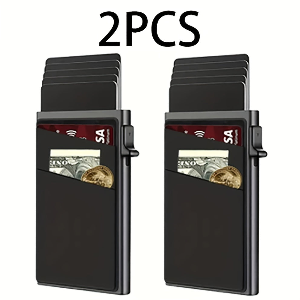 2-Pack Ultra-Slim RFID Blocking Card Holder Wallet for Men – Automatic Pop-Up Aluminum Alloy Minimalist Wallet with Money Pocket for Cards, Notes & Coins