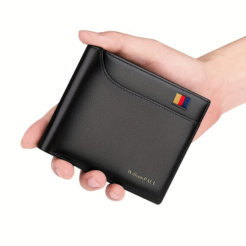 WilliamPAUL Men’s Slim Wallet – Blue Top-Grain Leather with Black & Golden Contrast Stitching, Card Holder, Coin Pocket & Document Organizer