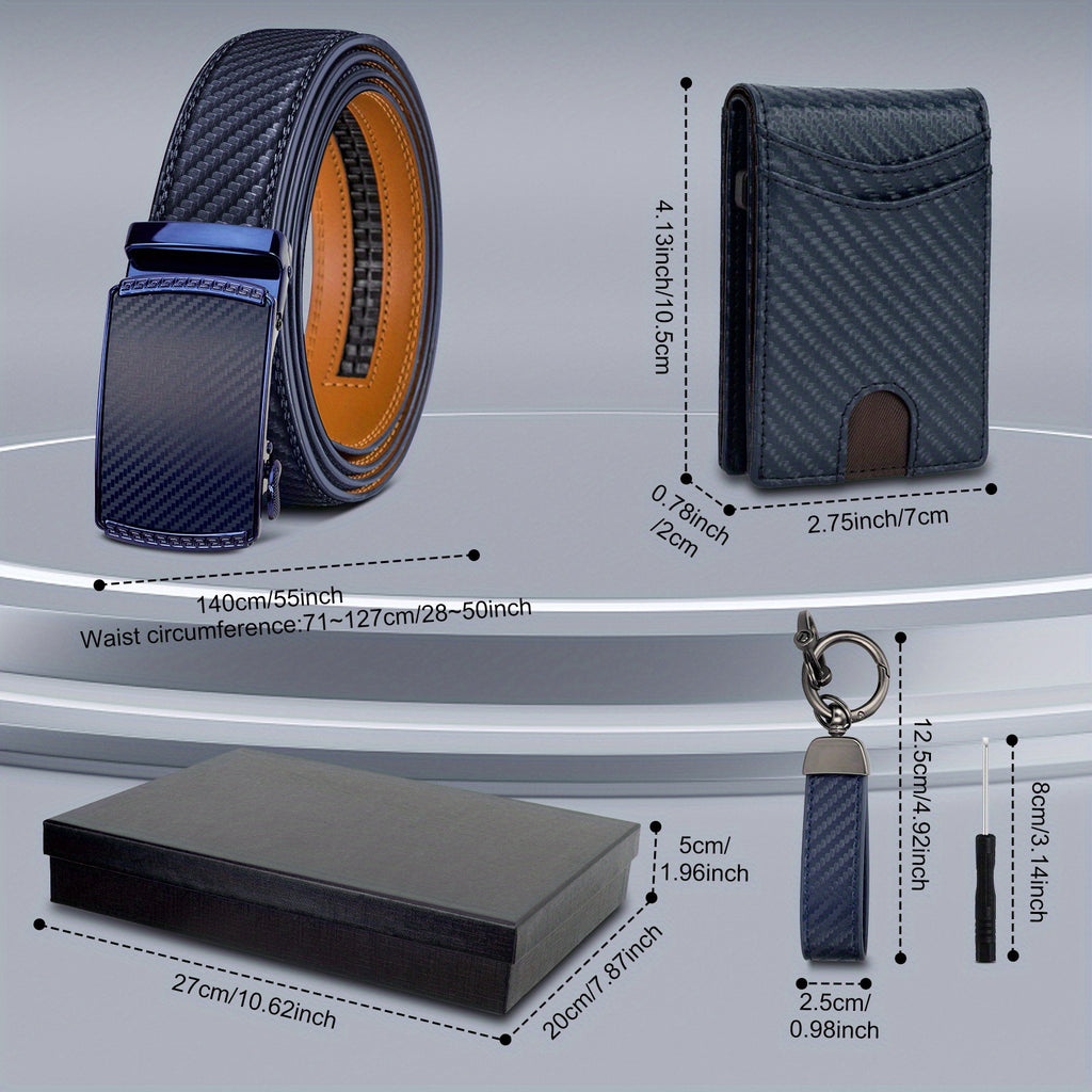 4pcs Men’s Top-Grain Leather Ratchet Belt & Wallet Gift Set – Blue Wallet, Keychain & Gift Box – Perfect Birthday, Father’s Day, Graduation & Valentine’s Day Present