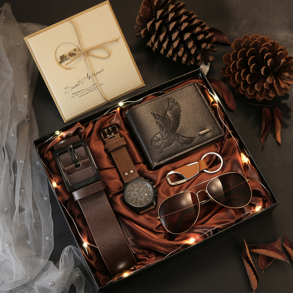 7-Piece Men’s Vintage Watch Gift Set – PU Leather Watch, Wallet, Belt, Glasses, Keychain, LED Light & Greeting Card in Gift Box – Perfect Birthday, Anniversary & Father’s Day Present