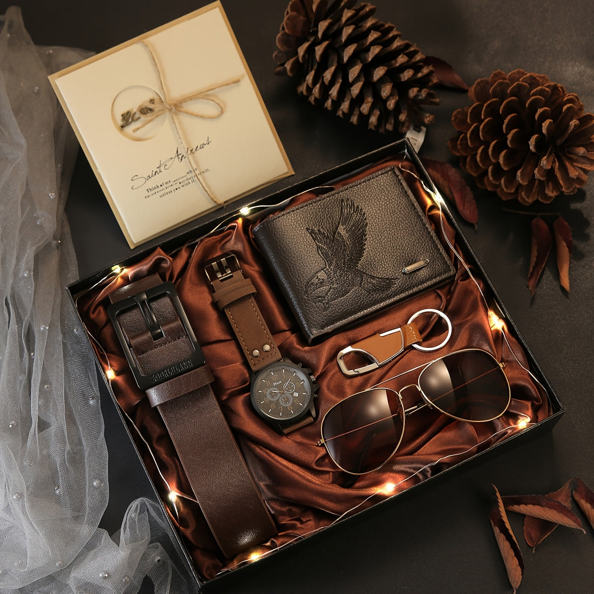 7-Piece Men’s Vintage Watch Gift Set – PU Leather Watch, Wallet, Belt, Glasses, Keychain, LED Light & Greeting Card in Gift Box – Perfect Birthday, Anniversary & Father’s Day Present