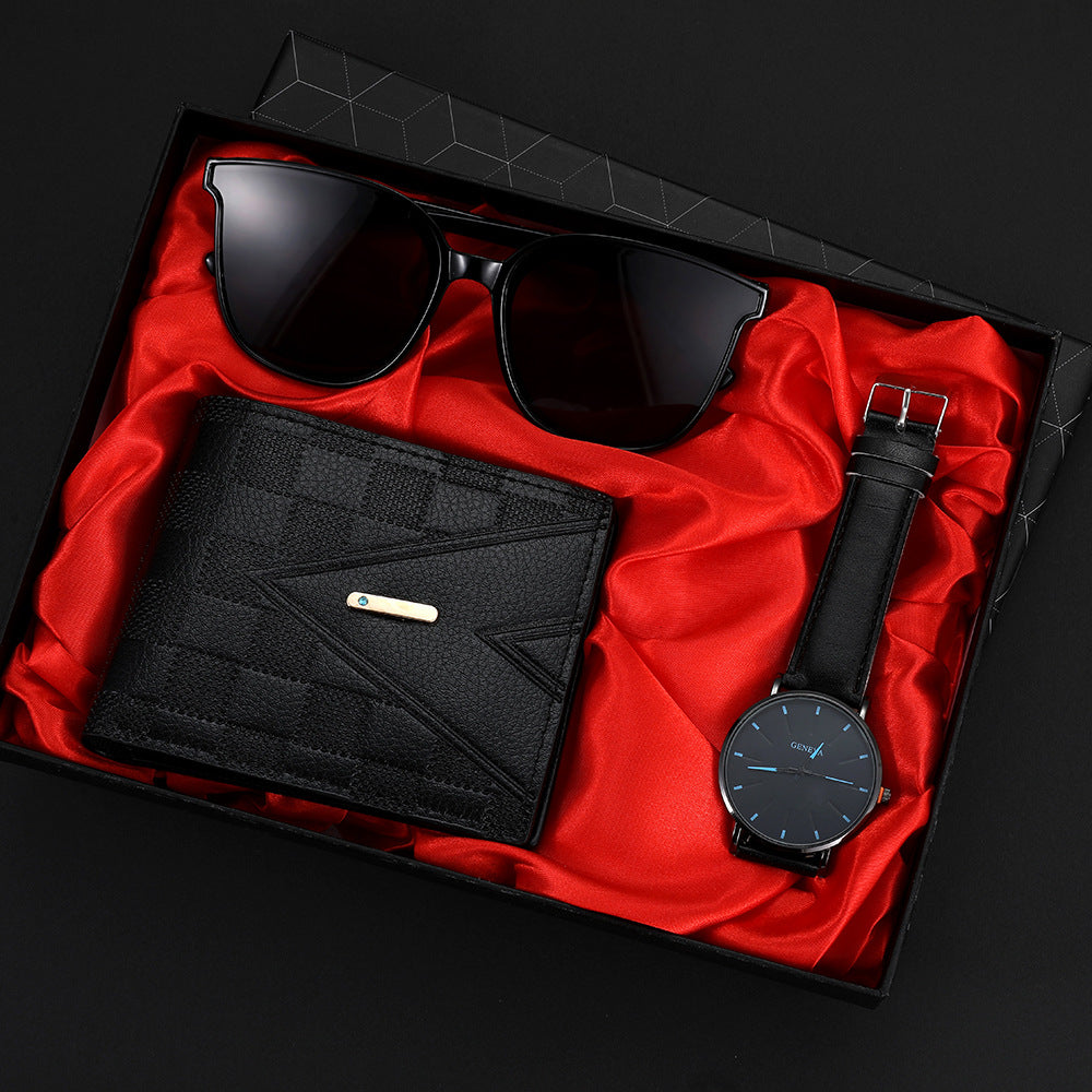 Men’s Luxury 4-Piece Gift Set – Black Business Belt, Watch, Wallet & Fashion Glasses in Red Gift Box for Birthday, Christmas, Halloween & Thanksgiving